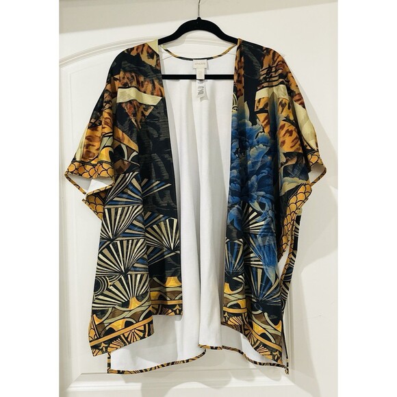 Chicos Kimono Abstract Floral Cheetah Print Ruana Open Front Wrap One Size - Picture 1 of 9